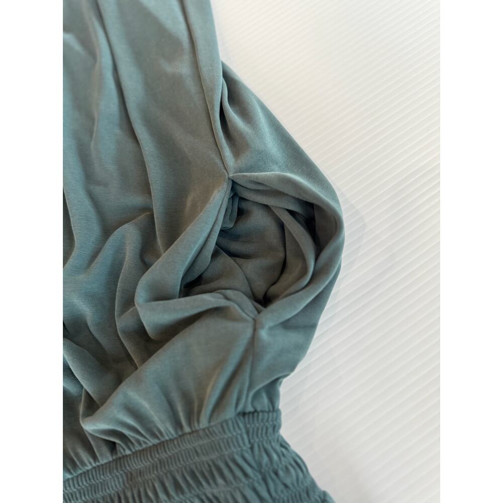 Anthropologie Rebecca Smocked Wide Leg Jumpsuit Teal Women’s Medium Off Shoulder - Picture 9 of 16
